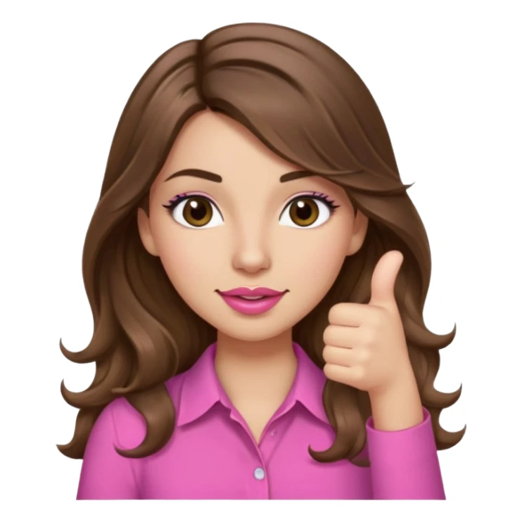 girl with long wavy brown hair, brown eyes, light to medium complexion, in a pink shirt, pink lips, long lashes, puckered lips, thumbs up sticker