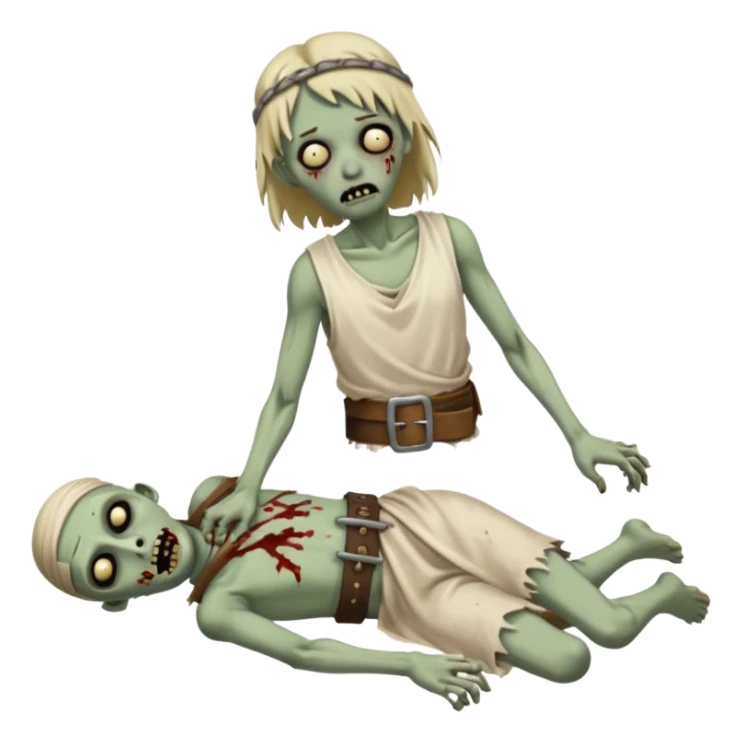 fullbody zombie leper laying on the ground, missing a foot, ragged tunic, cloth belt sticker