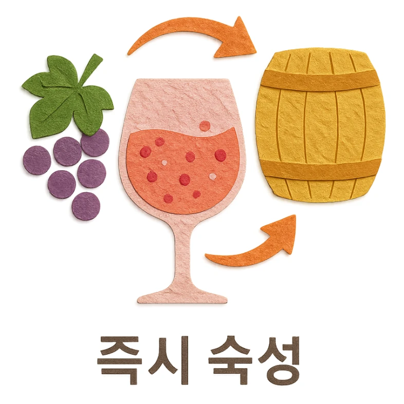 icon representing the moment in rosé wine production when desired color appears during alcohol fermentation, grape juice is separated and immediately moved to aging stage, with Korean text '즉시 숙성' at the bottom, paper craft style, no background sticker