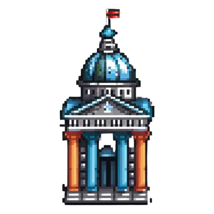 tiny simple city hall building icon with columns, modern colors, minimal details, small size sticker