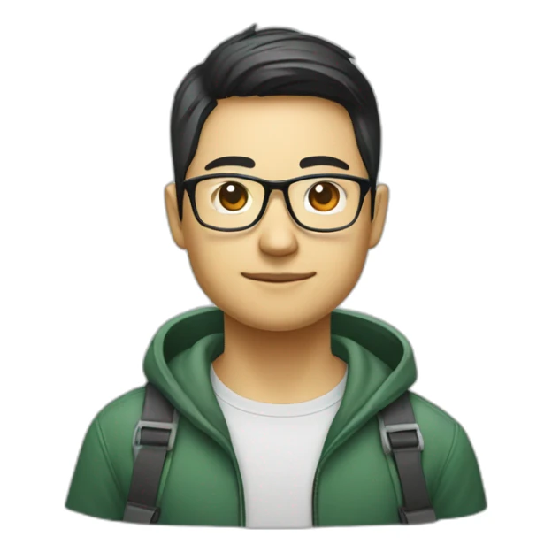 Chinese web developer, with glasses and a Vue.js logo T-shirt sticker