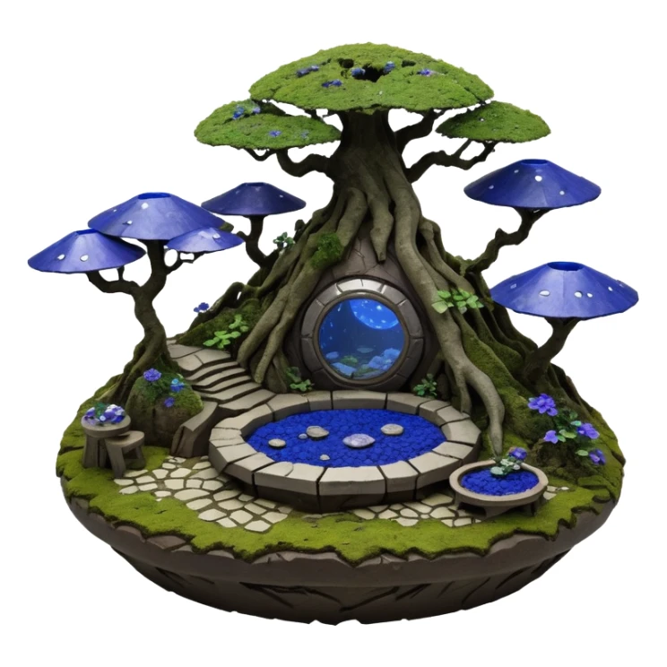 Crashed Alien saucer-castle jungle winding trail mountainside getaway haunted nighttime hobbit landscape antique mudman very old broken cracked intricate Stone Age lapis-crusted irregular dodecagon-shaped shallow dark moss rough bark violet flowered maple bonsai Saikei coffee table diorama sticker