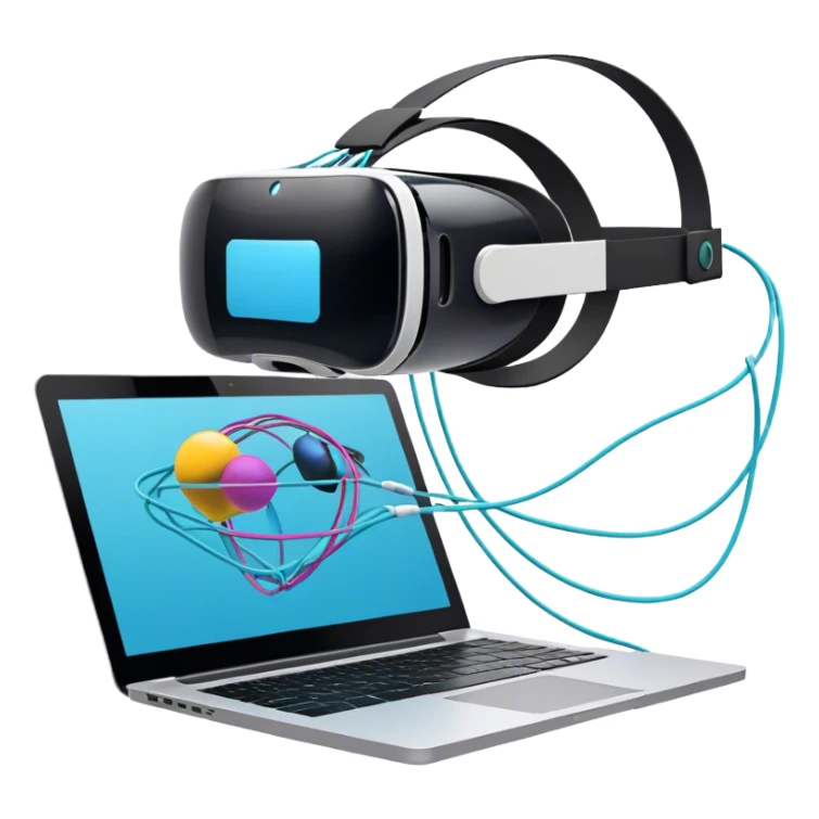 VR headset, wire connected to laptop, laptop screen showing VR/AR modeling software, floating 3D models or virtual objects, modern, tech-inspired colors, no emojis or smiley faces, transparent background. sticker