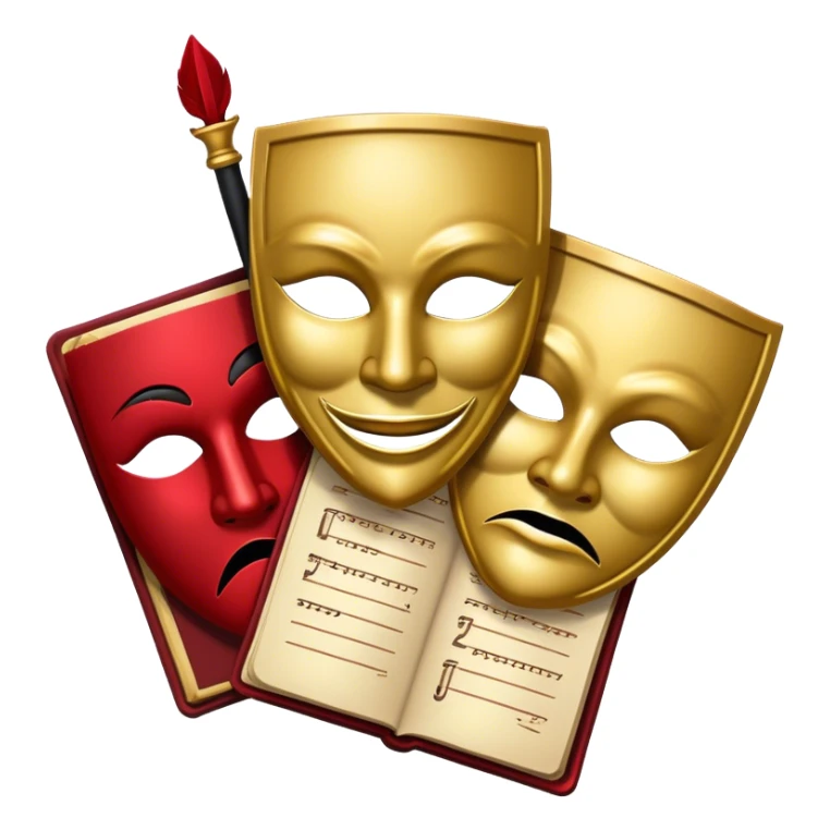 Create a bold and dramatic emoji representing the art of playwriting. The design should feature an open script or a theater playbook, with stylized text lines or dramatic dialogue inside. Include elements like a theatrical comedy and tragedy masks, a stage spotlight, or a writting quill to symbolize creativity and performance. Use deep, contrasting colors like red, black, and gold to evoke the intensity and passion of drama. The overall design should feel dramatic, inspiring, and artistic. Make the background transparent. sticker