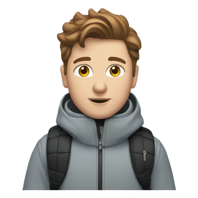 White boy with brown hair skiing on blue skis. Wearing a light gray coat. And a pair of black snow pants.  sticker