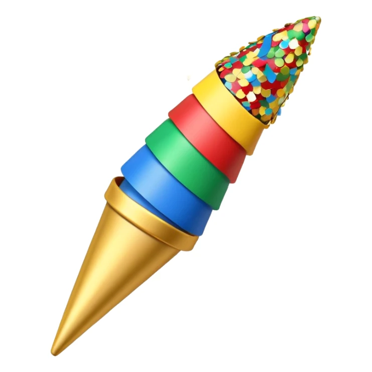 A small cone-shaped party popper tilted to the side, usually gold or yellow with diagonal stripes. It bursts open at the top, releasing colorful confetti and streamers in blue, red, yellow, or green. Represents celebrations, parties, excitement, or congratulations. sticker