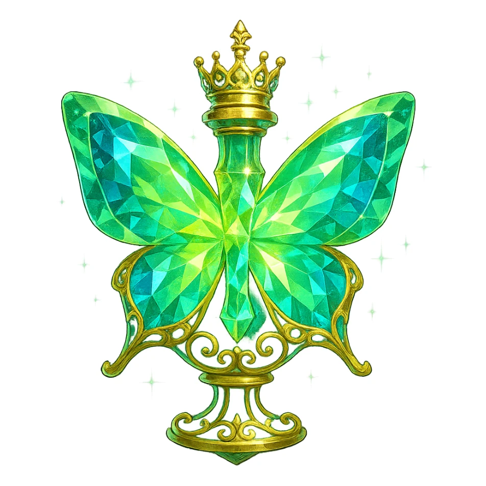 luxurious crystal butterfly-shaped bottle with short neck and crown, green (#c0ff53) and blue colors, glowing, ornaments, magical effects, golden details, transparent background, beautiful connected base, floating in air, no ground or shadow, very similar to the original sticker