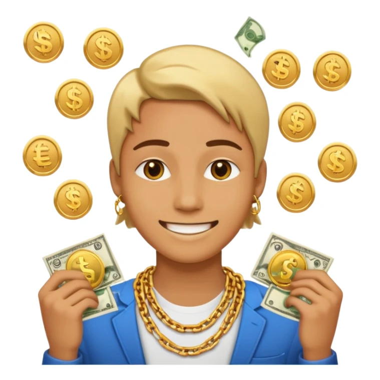 Confident digital creator with gold chain, subtle smile, money icons floating around, modern emoji style, minimal background sticker