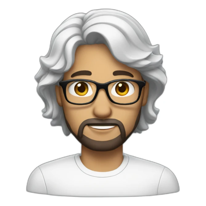 A man with  black long hair, wearing glasses, white in color, and a short beard sticker