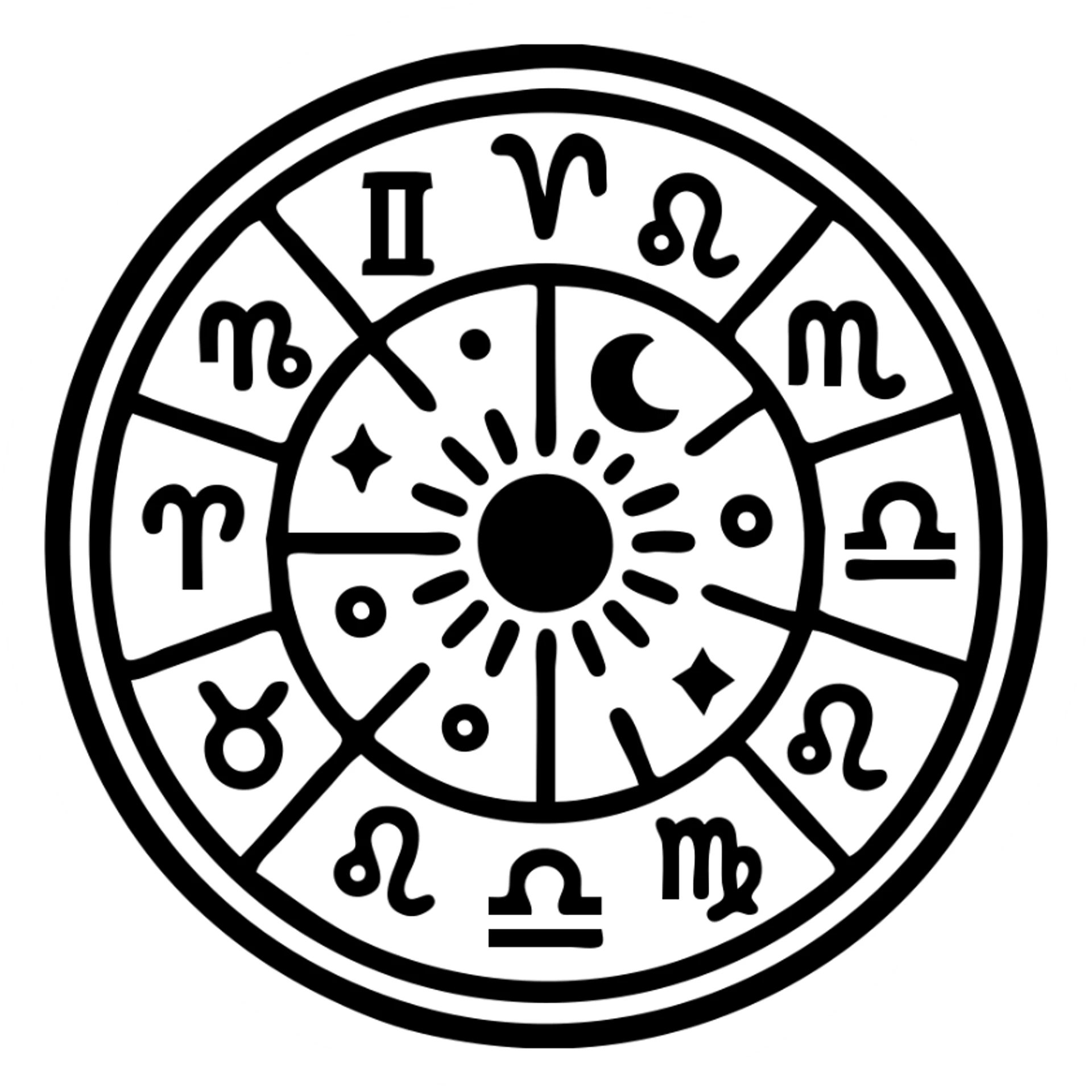 vintage astrology natal chart icon with intricate celestial symbols, mystical, ornate, zodiac constellations, solid black sticker