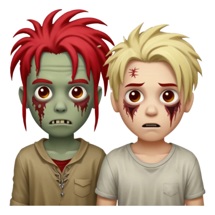 make two zombie boys, one with dreadlocks half blonde and half black, short, and the second with dreadlocks also with red roots, and hair reaching the shoulders  sticker