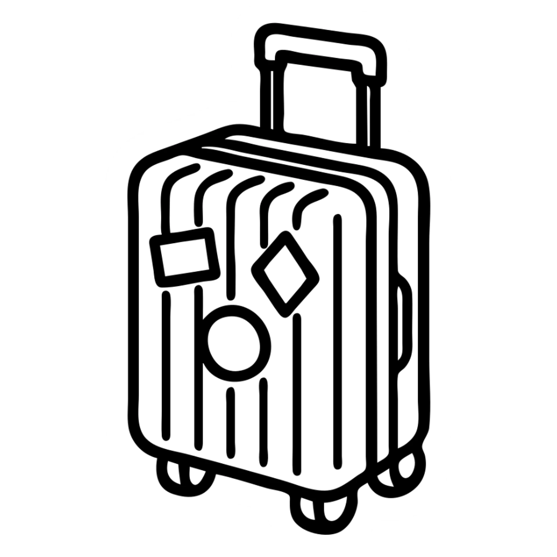ribbed suitcase with wheels and handle, decorated with traveler stickers, drawn at three-quarter view, strong contours, sharp shadows and highlights, no soft color transitions sticker