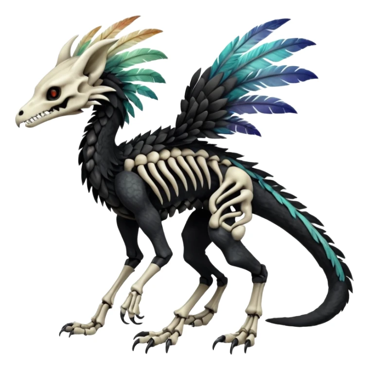 Rare realistic tribal patterned white whitish pastel colorful iridescent shiny glossy feathered skeletal badass epic handsome gorgeous aesthetic black-skulled Vernid-Trico-Sergal-Salandit-Nargacuga-species-Fakemon-creature by LiLaiRa, 4 legs, 1 tail, random markings, (full body) long ears sticker