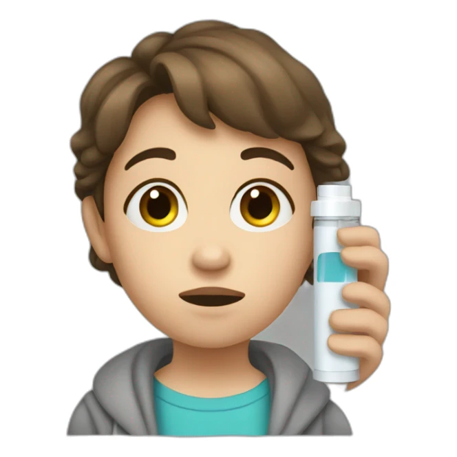 sickly child with brown hair and asthma inhaler sticker