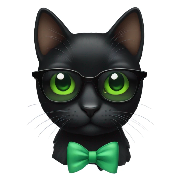 Black Cat with green eyes wearing sunglasses and a bow sticker
