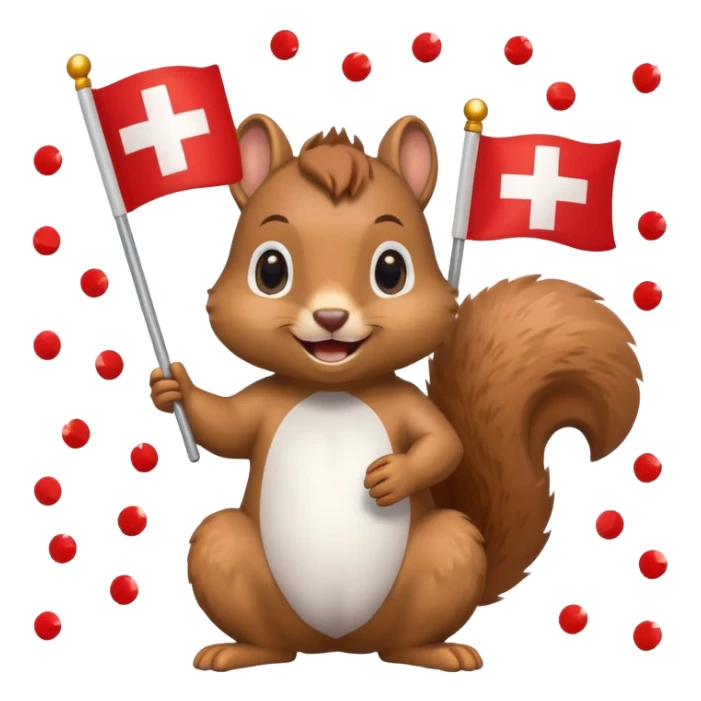 squirrel holding a Swiss flag, surrounded by confetti, emoji style sticker