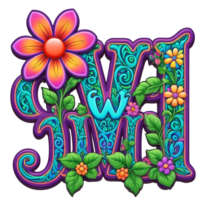 3D, gothic style psychedelic colored word “Gwynn” with hippie style flower border sticker