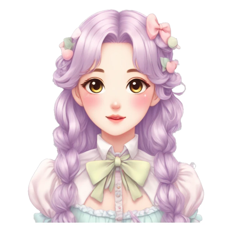 Gorgeous pastel anime style lady with blushing face and laces bow ties necklace cottagecore fairycore pastelcore colorful pearly romantic simplistic aesthetic trending style sticker