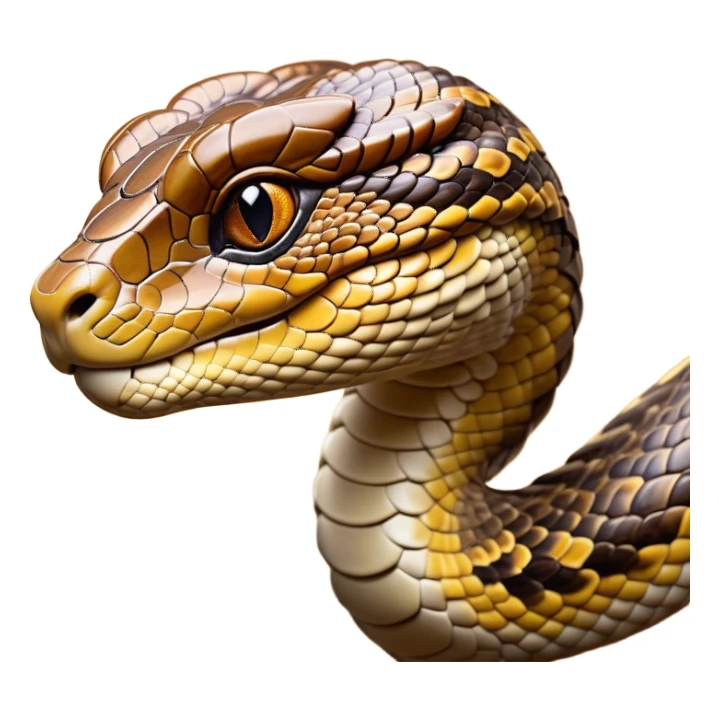 Cinematic Noble Python Portrait Emoji, Poised and regal, with a powerful, sinuous body adorned in intricate scale patterns and piercing, focused eyes, Simplified yet sharp and sophisticated features, highly detailed, glowing with a soft, earthy glow, high shine, intelligent and formidable, stylized with an air of primal elegance, focused and commanding, soft glowing outline, capturing the essence of a watchful and confident serpent that appears ready to coil out of the screen with effortless authority! sticker