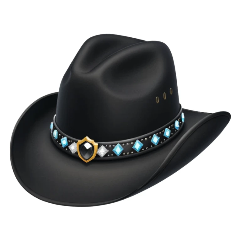 black cowboy hat with a black feather and some small diamonds sticker