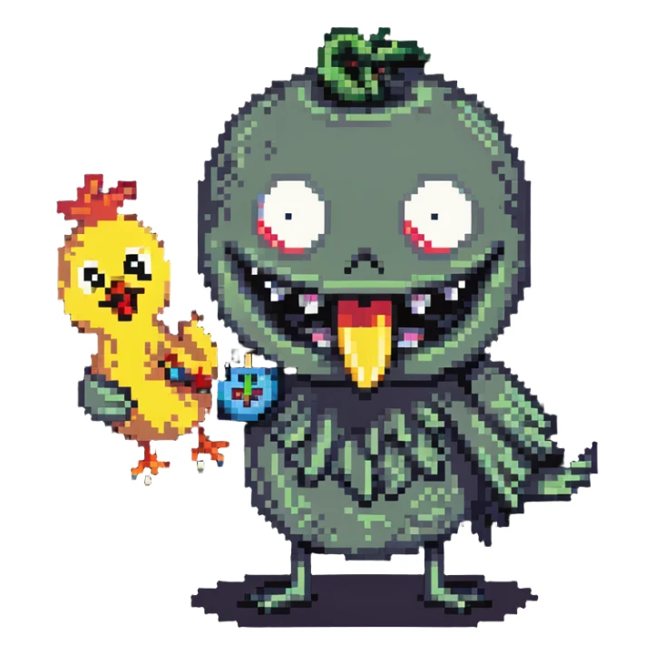 bulging eyes, unhinged grin, too many teeth, one eyeball twitching, tongue out sideways, sweating, glitching, peace sign, holding cursed rubber chicken sticker