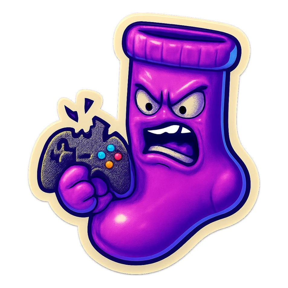 A neon-purple sock with a rage face, holding a broken controller, representing rage or frustration in gaming. sticker
