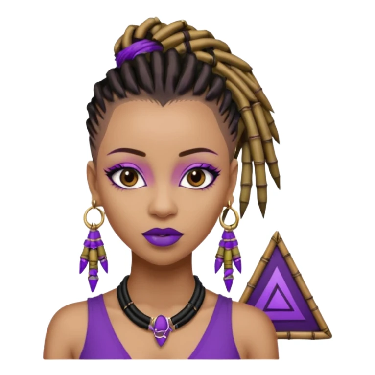 Black queen with a  dreads mohawk hairstyle, purple lipstick,  purple eyeshadow,  bamboo triangle earrings with the name Draya personalized on them.  sticker