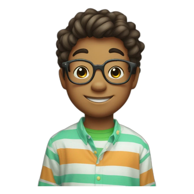 yoshi smiling with a skinny five year old boy with glasses in a striped shirt sticker