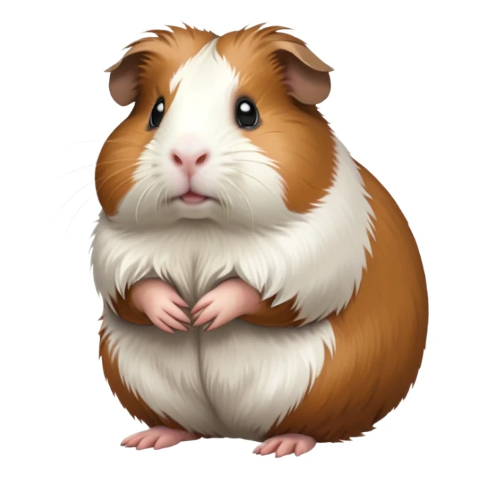 cinematic-[guinea pig]-realistic-full-body-standing-emoji,-tiny-paws-tucked-close,-head-tilted-dramatically,-fluffy-[brown and white]-fur,-simplified-yet-realistic-focused-features,-highly-detailed,-glowing-with-an-almost-sarcastic-glow sticker