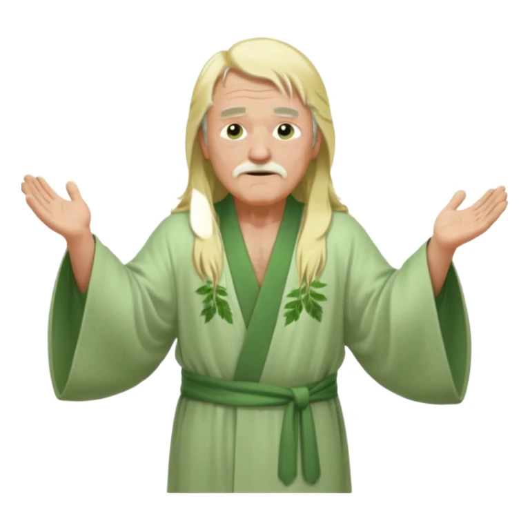 an old man, green eyes, long blonde hair, light green wide, flowing outer robe. opening arms, gazing thoughtfully. Soft light, subtle fern. Waist-up, profile. sticker