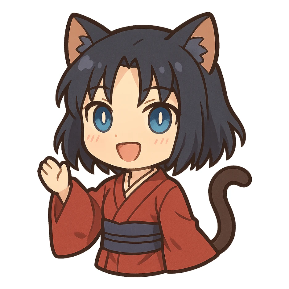 chibi Ryougi Shiki with cat ears and cat tail, magical eyes, smiling expression sticker