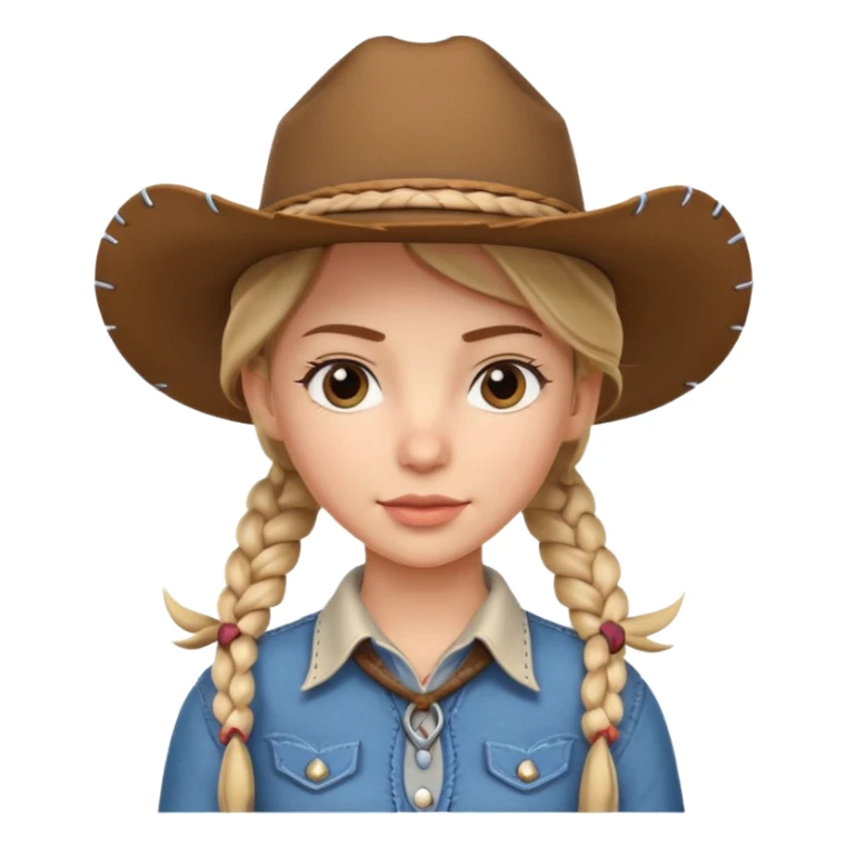 cute cowgirl portrait, head and shoulders only, cowboy hat, braided hair, western outfit collar, confident expression, 3D cartoon, mobile game icon style, clean background, no text, no watermark
 sticker