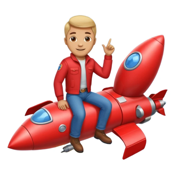 man with red clothes and blue yeanse. sitting on a rocket sticker