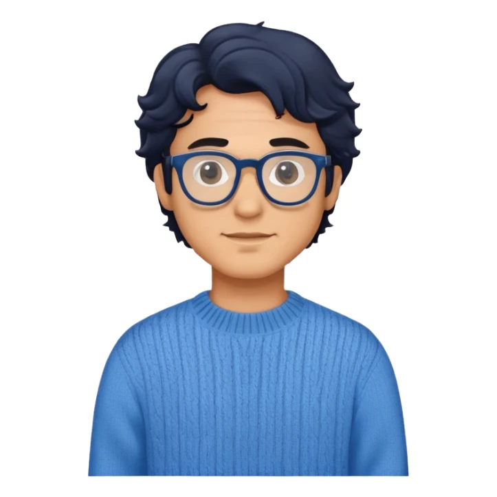 Man with wavy black hair in a comfortable blue sweater and glasses sticker