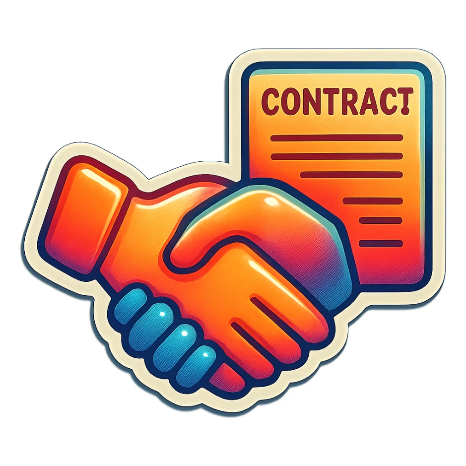 A handshake agreement in retro stickers style, with two hands shaking and a vintage contract sticker