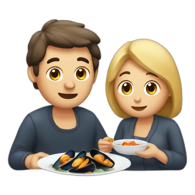 Couple eat mussels with pigeon sticker