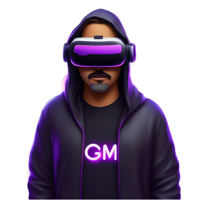 Big Lebowski wearing a black hoodie with "OMG" letters on it and VR headset oculus quest 2 in a cyberpunk VR environment with violet neon lighting. sticker