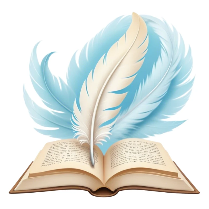 Create a delicate and poetic emoji representing poetry. The design should feature several elegantly flying pages with short poetic columns written on them. The pages should appear light and flowing, almost as if being carried by the wind. Include a white feather gently resting on the pages, symbolizing creativity and inspiration. Use soft, pastel tones to give it a dreamy, artistic feel. The design should feel ethereal and whimsical, capturing the essence of poetry. Make the background transparent. sticker