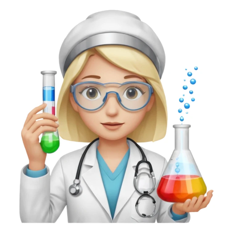 A person wearing safety goggles, a stethoscope, and a white coat. In one hand they hold a test tube containing chemicals  sticker