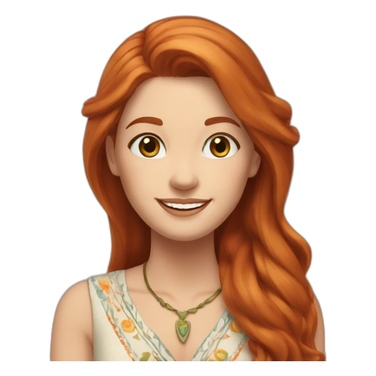redhead white woman medium long straight hair, greets smiling, wearing boho dress sticker
