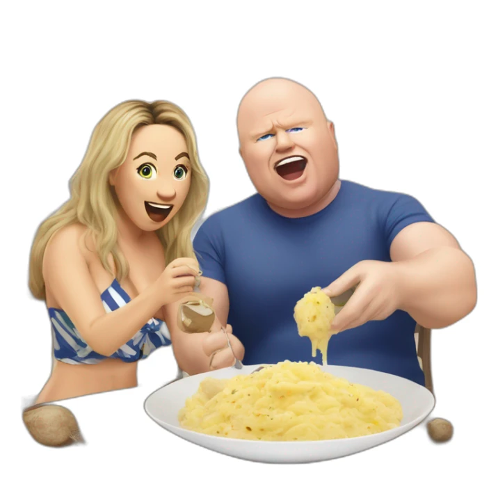 Victoria coren-mitchell and Phil Mitchell eating mashed potatoes on the beach sticker