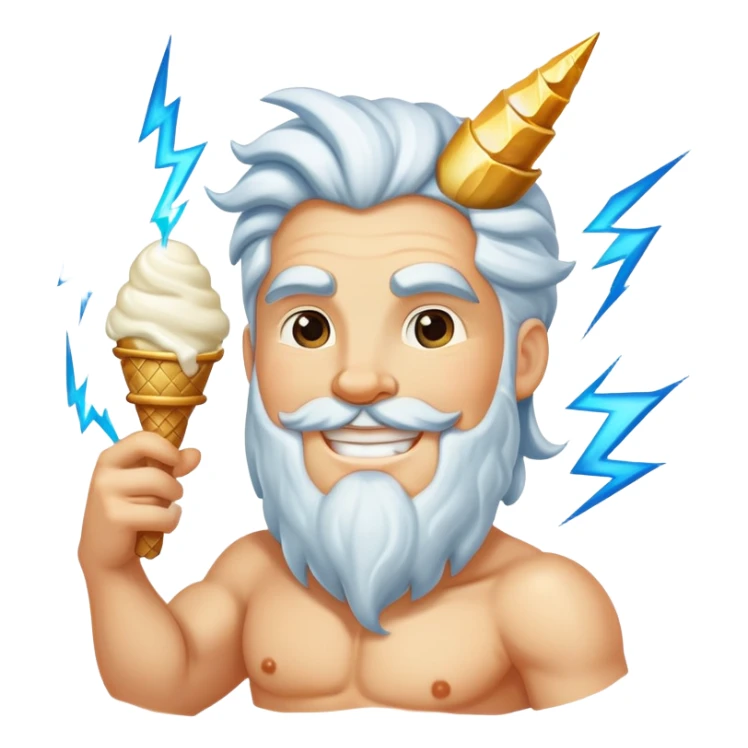 smiling Zeus with white ice cream and lightning bolt sticker
