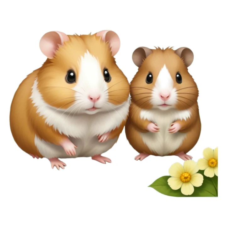 Icon for Hamster and Guinea Pig: A portrait-style collage with a fluffy hamster with soft fur, looking curious, and a friendly guinea pig with long, smooth fur, both on a soft green background with flowers and soft light. Transparent background. sticker