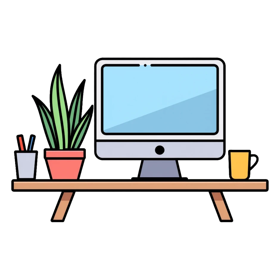 Clean and organized workspace desk with a computer monitor and a small potted plant, minimal clutter, organized office supplies sticker