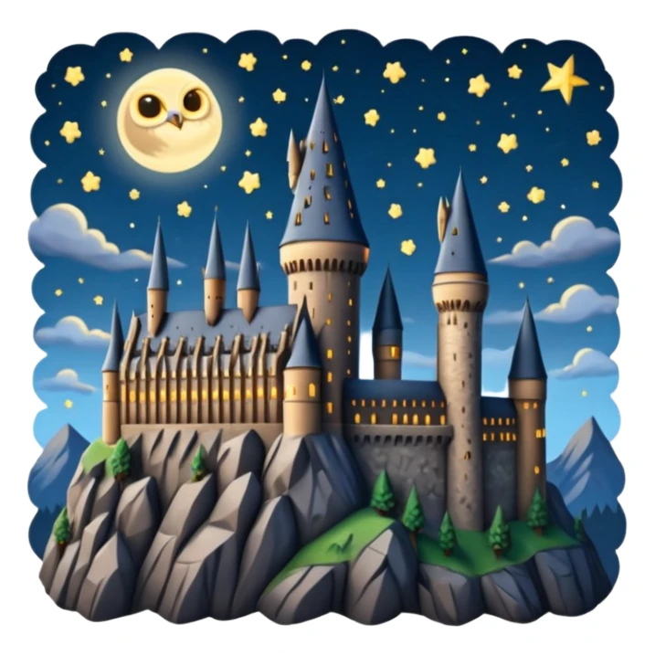hogwarts castle on a starry night and owl flying in the air sticker