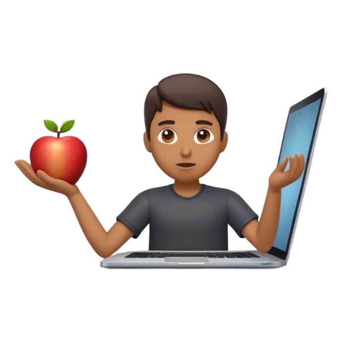A dark-colored laptop with the screen open. From the screen, a person is emerging, standing or sitting as if giving a lecture or teaching. The person should look expressive and in a teaching pose. Soft shadows, semi-3D Apple emoji style, clean white background. sticker