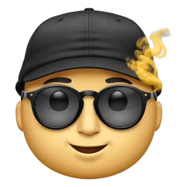 A high-res yellow face emoji with black sunglasses and a backwards black cap, smirking with half-lidded eyes and exhaling soft gray-white smoke, with detailed shading, glossy lenses, and realistic smoke wisps. sticker