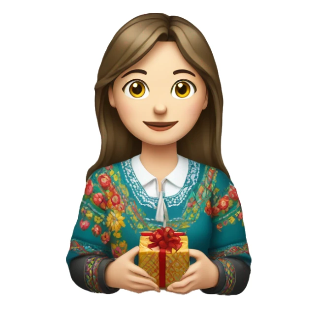 A female teacher in Ukrainian embroidery holds a gift in her hand sticker