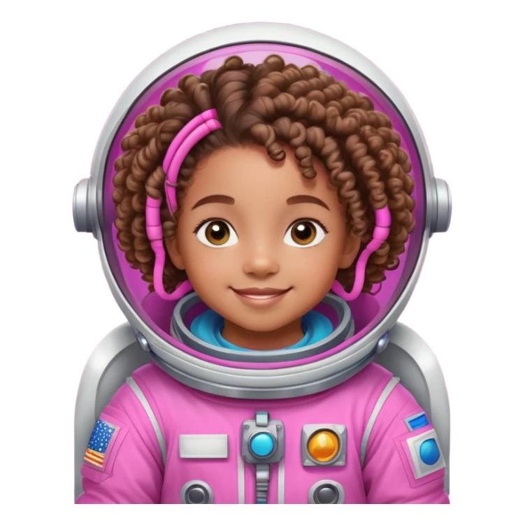 Create a vibrant, 2D digital illustration of Peyton, a 6-year-old African American girl with bright, curious eyes and an infectious smile. She has natural curly hair styled in puffs or braids and wears a pink-themed outfit that reflects her fun, bold personality—whether it’s a pink astronaut suit, chef uniform, or another professional costume from her dream job series. Peyton is full of energy, curiosity, and imagination. She's confident, kind, and always ready for an adventure. The setting should be colorful, playful, and kid-friendly, matching the theme of her current exploration (space, kitchen, classroom, etc sticker