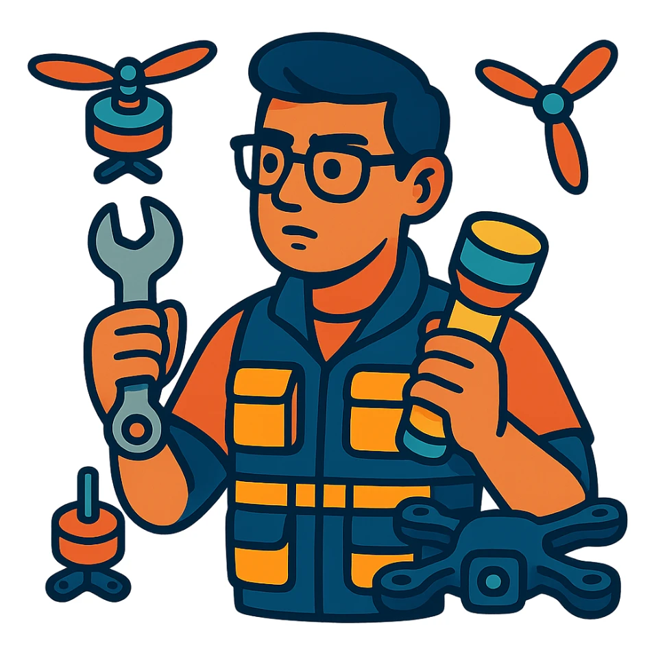 thoughtful technician in glasses and tactical vest, holding a wrench and flashlight, surrounded by drone parts sticker